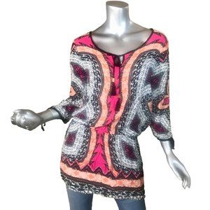 Green Dragon Large Tunic Top Colorful Boho Blouse Elastic Waist Mini Dress